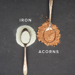 powdered iron and powdered acorns on a dark slate background