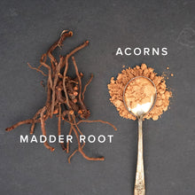 Load image into Gallery viewer, madder root and acorn powder on a dark slate background
